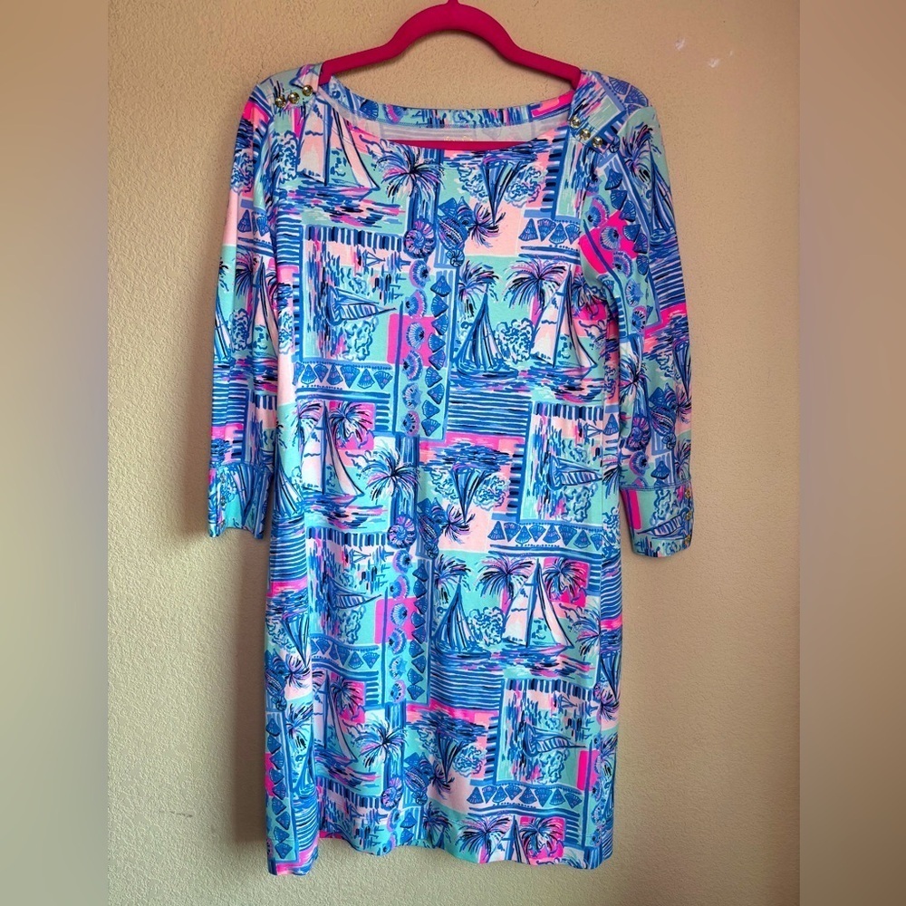 Lilly Pulitzer Sophie UPF 50+ Stretch Shift Dress in Whisper Blue Yeah Buoy M